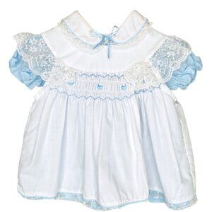 Vintage Mayfair Baby Girl Blue 2 Piece Collared Lace Pinafore Smocked Dress 3-6m